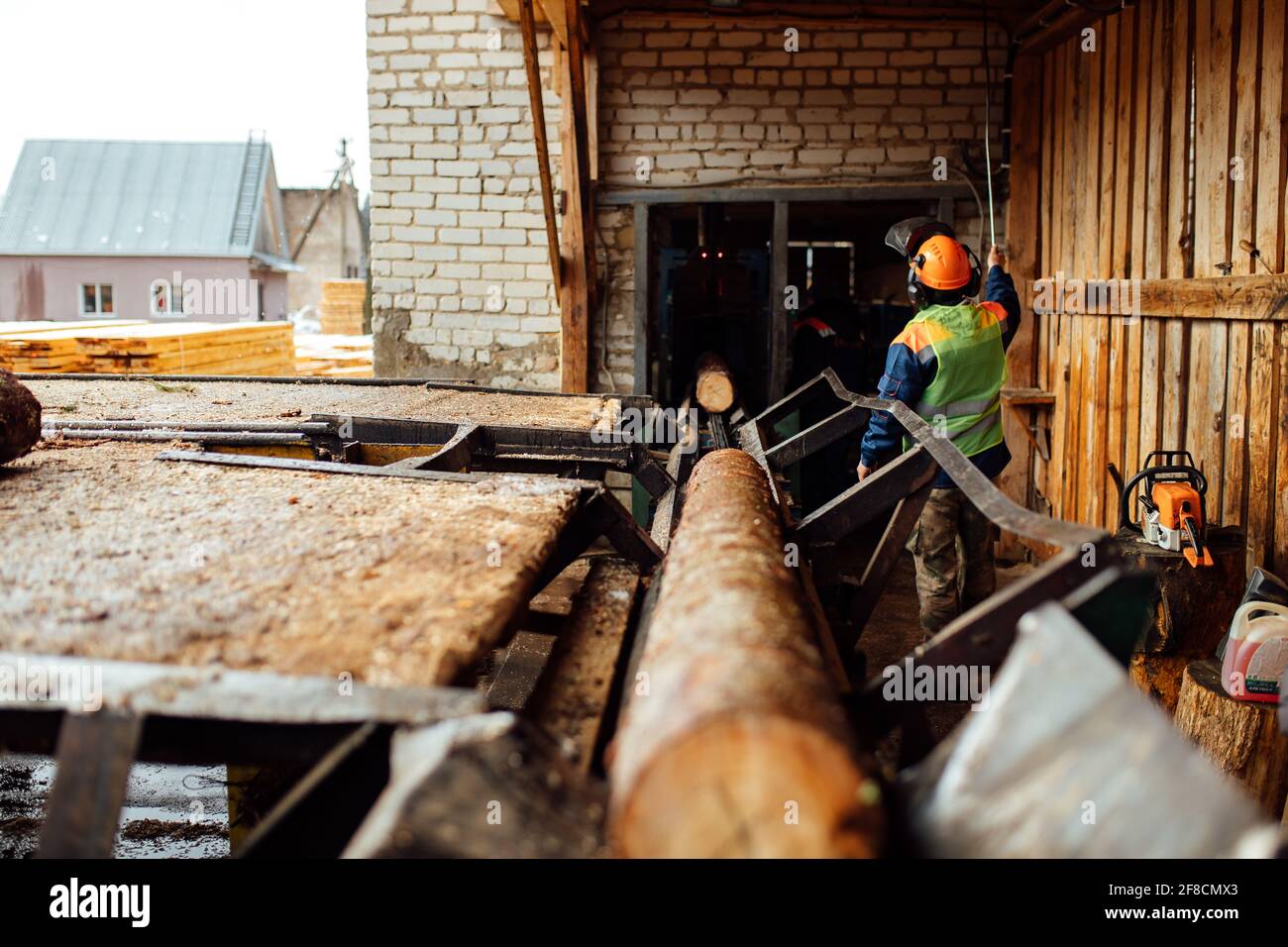 Ein Log auf einem Förderband. Transport von Holzrohstoffen in der Anlage. Holzbearbeitung auf einem Sägewerk. Automatisierter Förderer Stockfoto