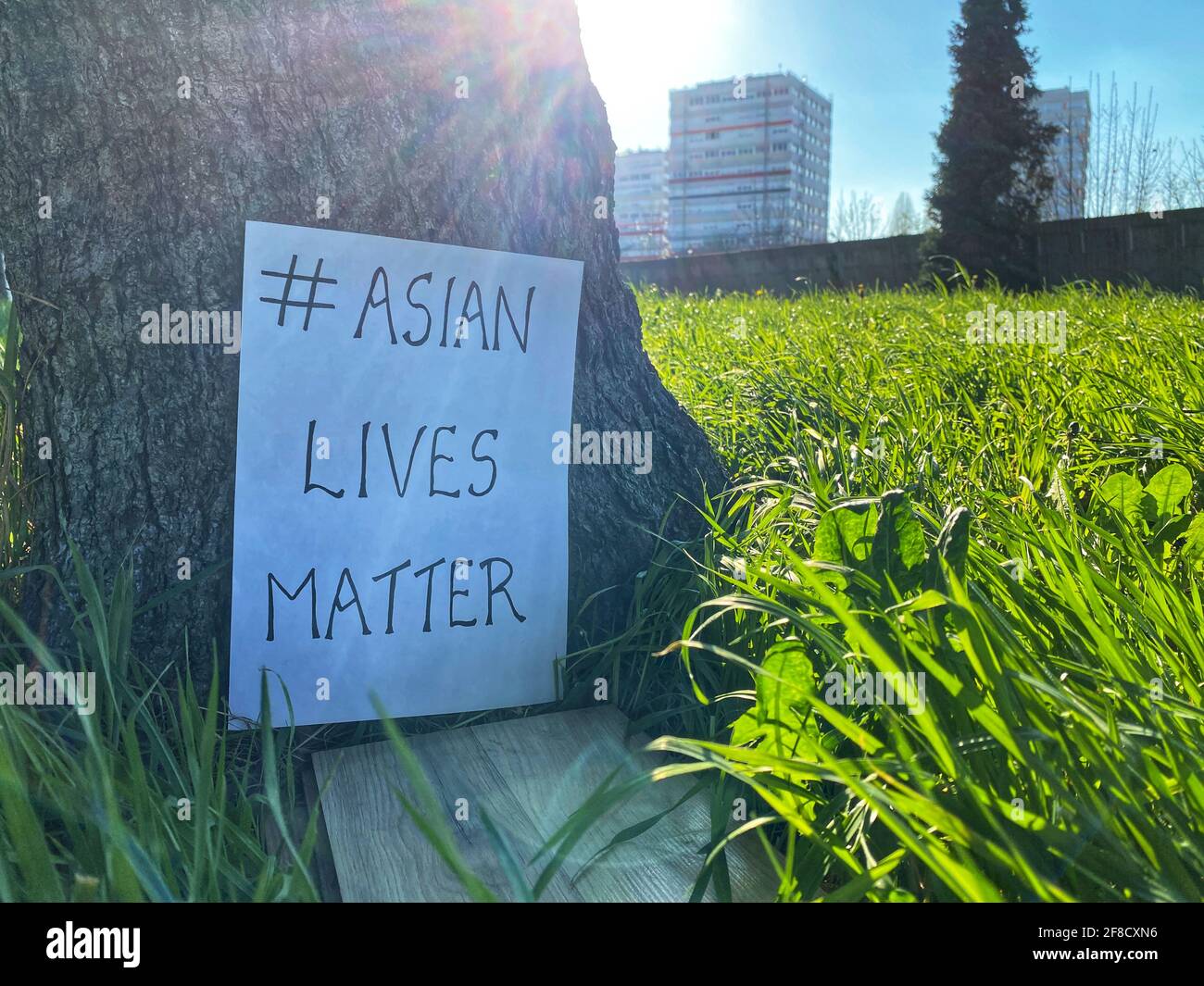 Asian lebt eine Rolle, sagt das Zeichen am Boden eines Baumes. Wird verwendet, um Solidarität mit Asiaten auf der ganzen Welt zu zeigen, die unter Rassismus leiden. Stoppen Sie asiatischen Hass m Stockfoto
