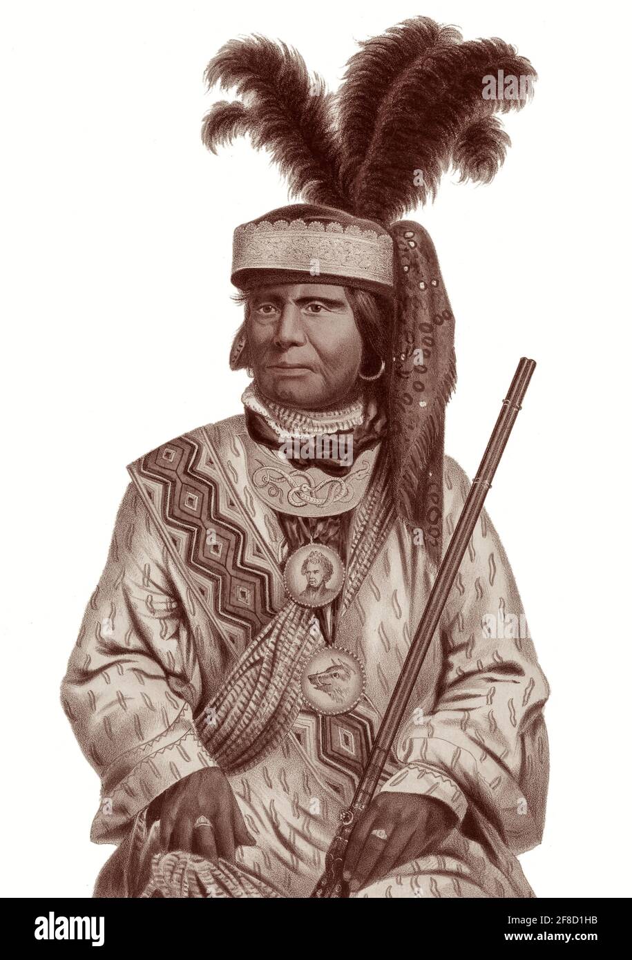 Billy Bowlegs (Holato Koniphatco Micco) (1810-c1859), auch bekannt als Billy Bolek, war während des Zweiten und Dritten Seminolenkrieges gegen die Vereinigten Staaten ein Anführer der Seminolen in Florida. Als einer der letzten Seminolenführer, der Widerstand leistte, zog er schließlich ins Indian Territory im heutigen Oklahoma. Stockfoto