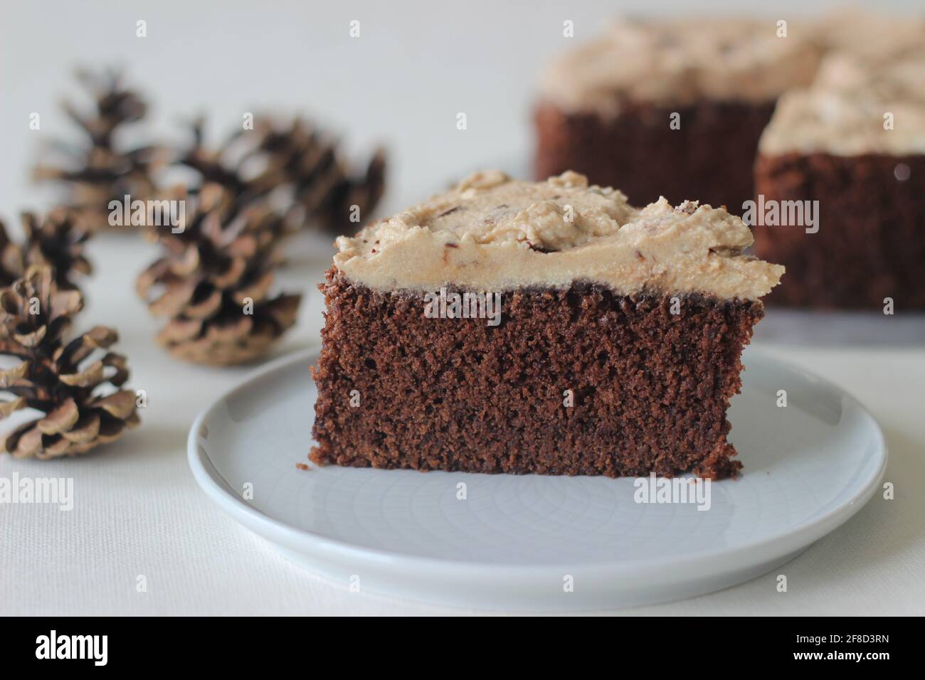 In Scheiben geschnittener Schokoladenkuchen mit Vanillebutter-Glasur, gemischt mit Schokolade als Belag. Aufgenommen auf weißem Hintergrund. Stockfoto
