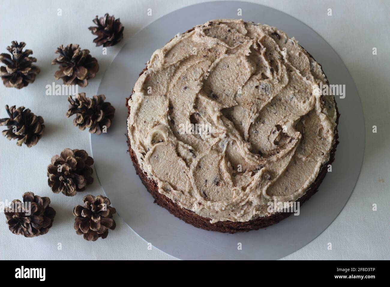 Schokoladenkuchen mit Vanillebutter-Pudereis gemischt mit Schokolade als Belag. Aufgenommen auf weißem Hintergrund. Stockfoto