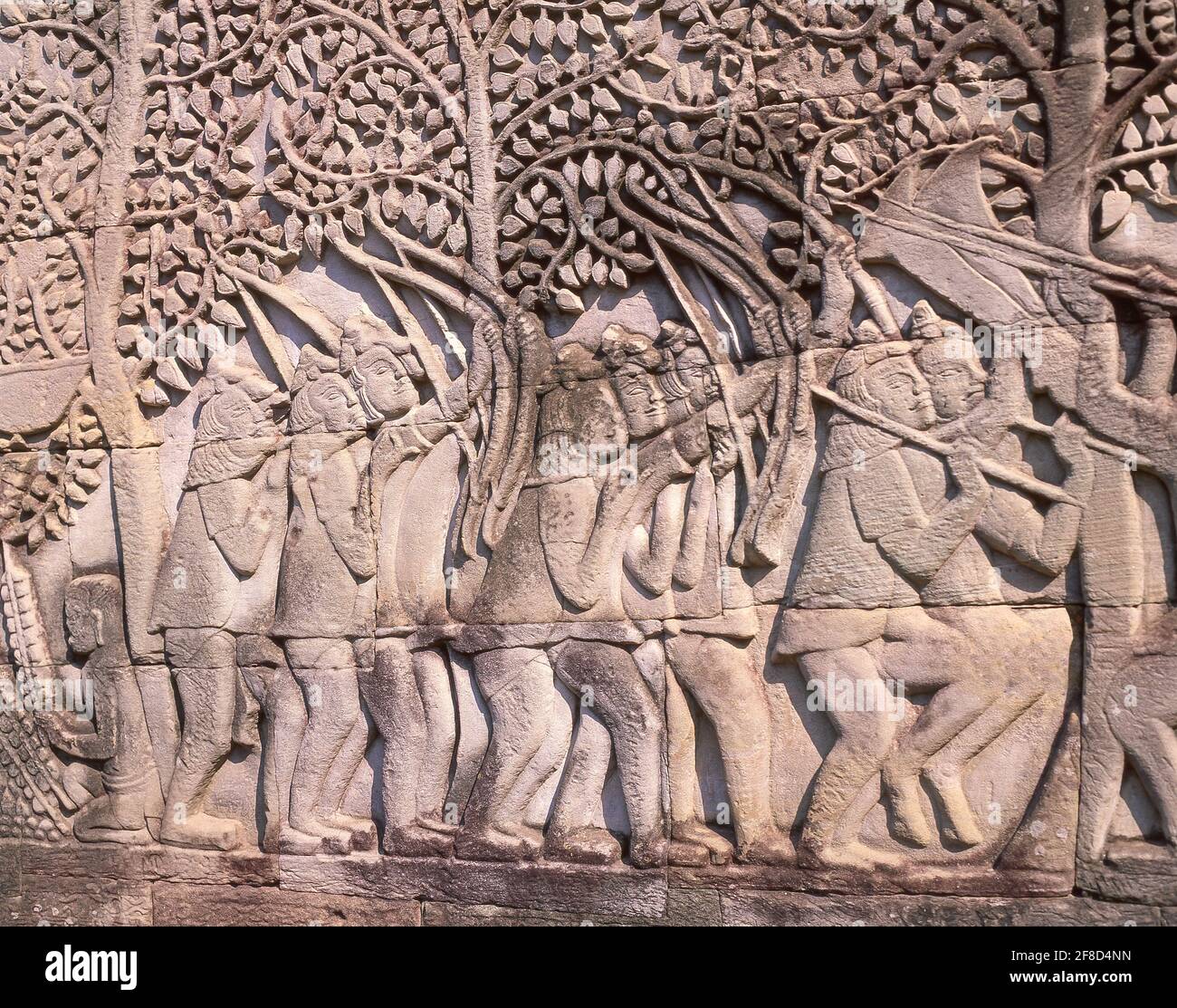 Bas-Relief von Cham-Kriegern in einem Boot während der Schlacht, Südgalerie, Bayon Tempel, Ankor Thom, Siem Reap, Königreich Kambodscha Stockfoto