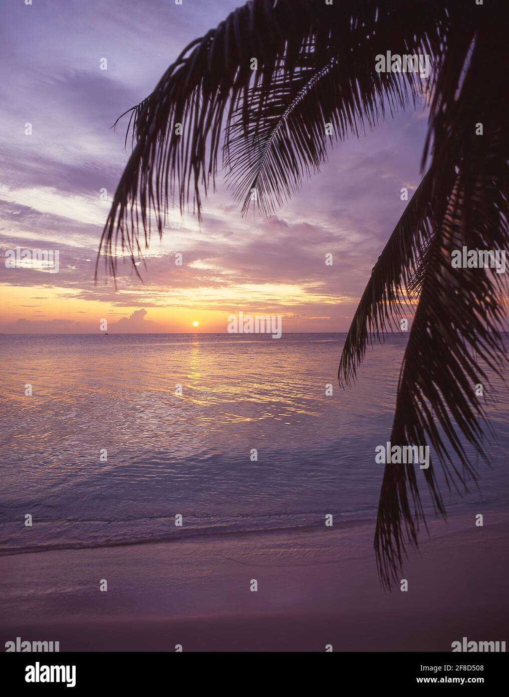 Tropischer Strand bei Sonnenuntergang, Kuda Bandos Island, Kaafu Atoll, Republik Malediven Stockfoto