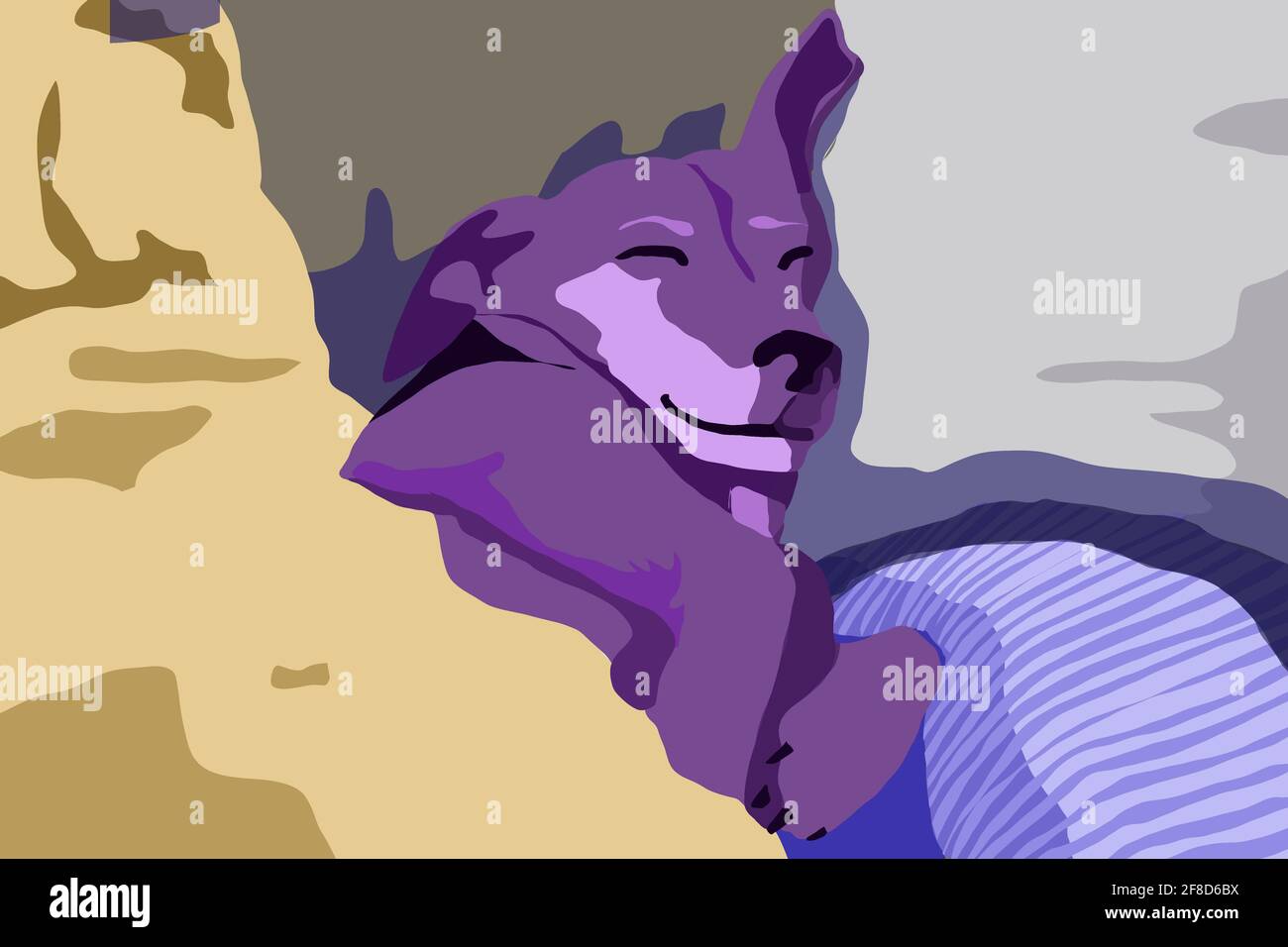 Hund im Bett liegend, schlafend, kleines Haustier in lila und grau, Illustration Stockfoto