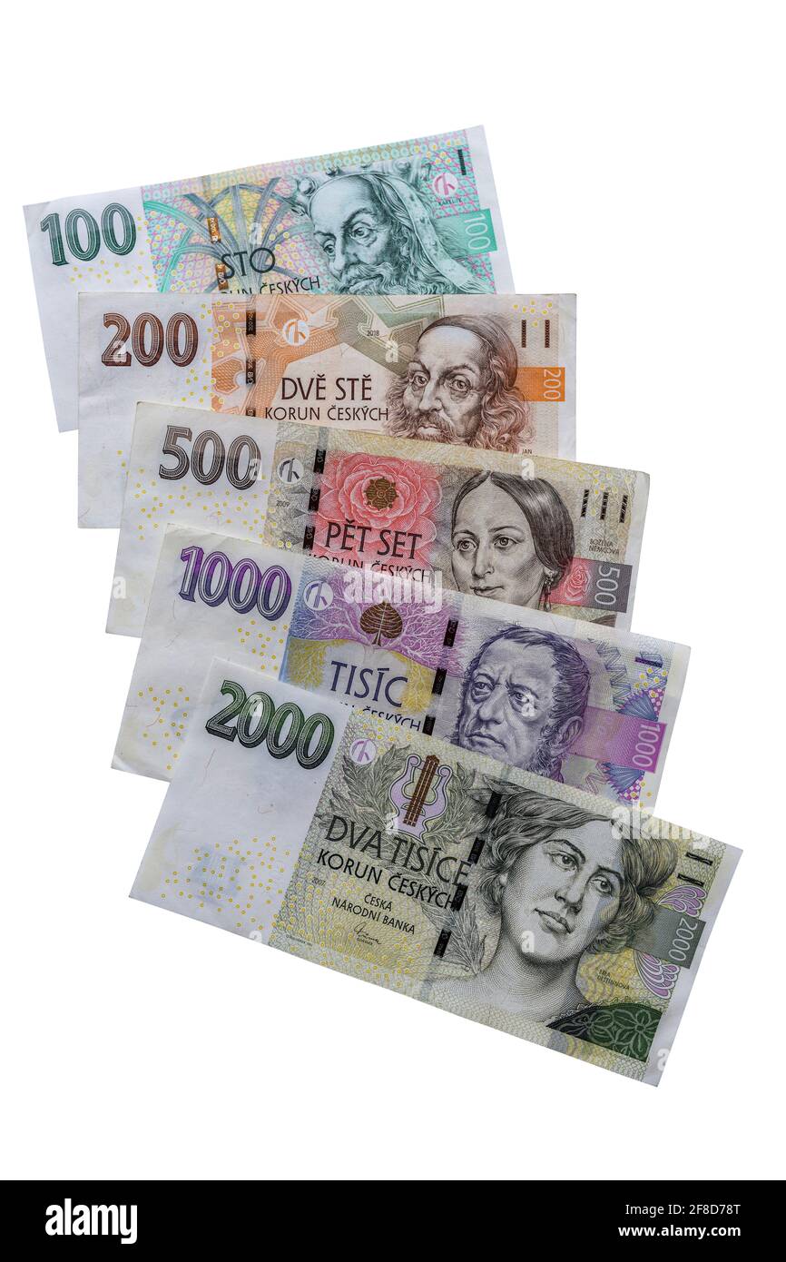 Tschechische Kronen Banknoten auf weißem Hintergrund Stockfoto