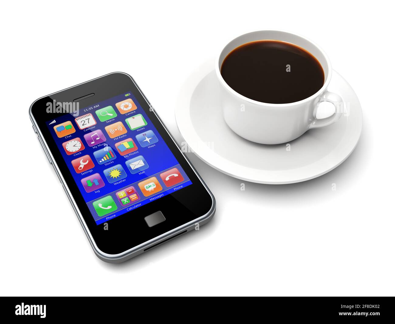 Smartphone mit App-Symbolen auf dem Bildschirm und Kaffee becher liegt daneben Stockfoto