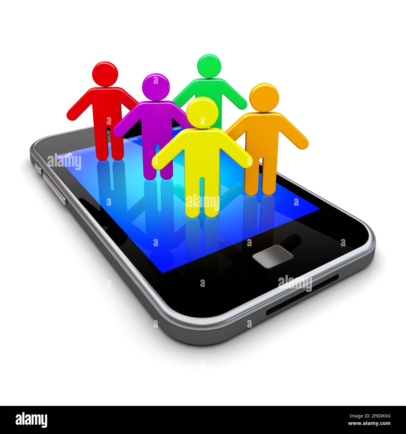 Mobiles Smartphone mit Social-Network-Menschen auf einem Bildschirm. Konzept der Kommunikations- und Medientechnik Stockfoto