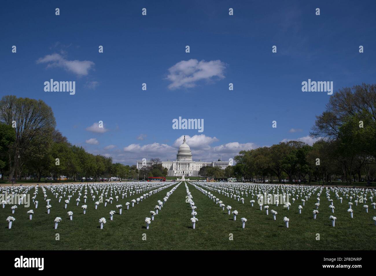 Washington, Usa. April 2021. Auf der National Mall stehen Vasen mit 40,000 weißen Seidenblumen, um diejenigen zu ehren, die an Waffengewalt gestorben sind, im Rahmen einer Veranstaltung, die von „Giffords: Courage to Fight Gun Violence“ am Dienstag, dem 13. April 2021 in Washington, DC, organisiert wurde. Die Interessenvertretung wird von der ehemaligen Kongressabgeordneten Gabrielle Giffords geleitet, die 2011 angeschossen wurde. Foto von Sarah Silbiger/UPI Credit: UPI/Alamy Live News Stockfoto