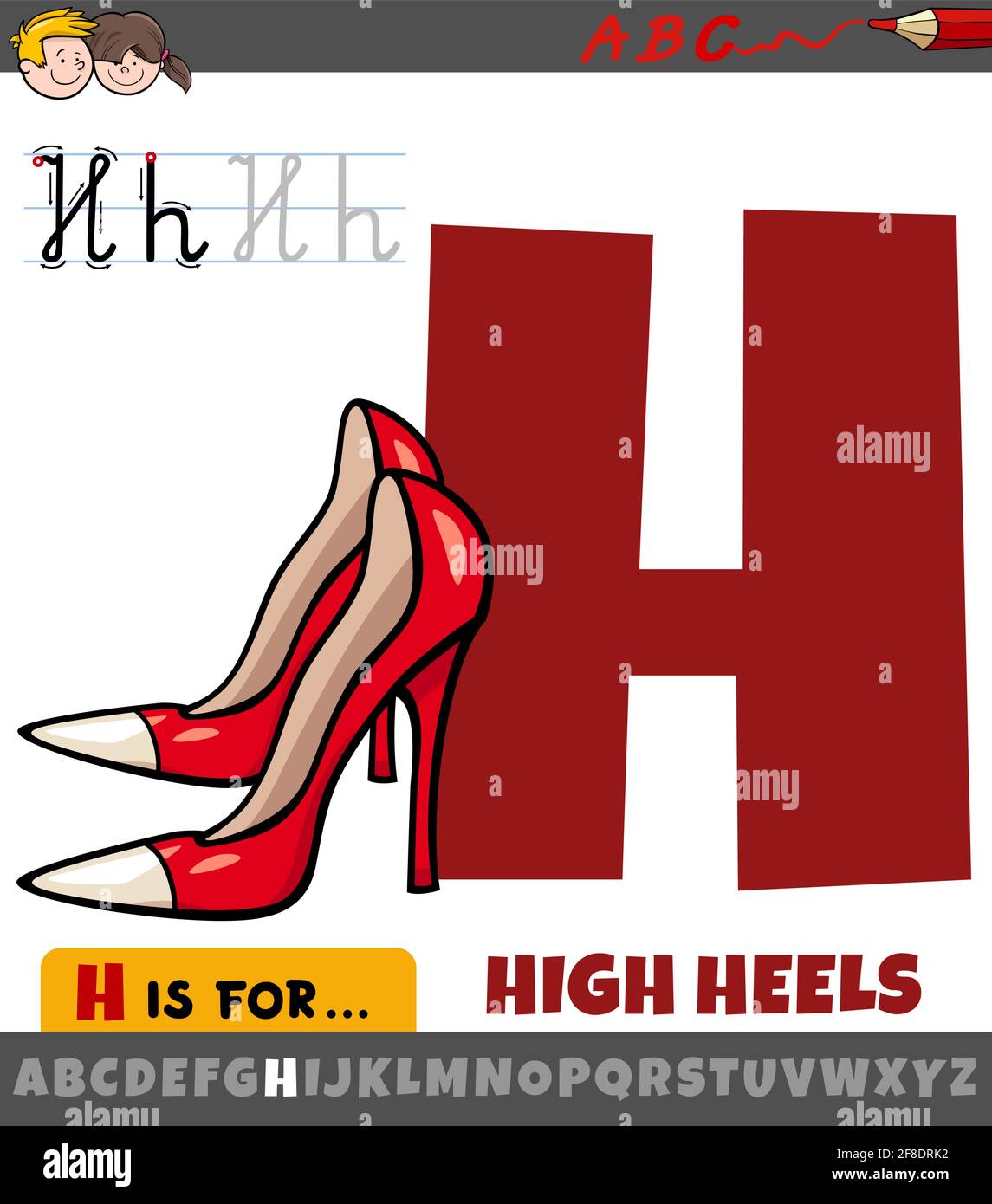 Pädagogische Karikatur Illustration des Buchstaben H aus Alphabet mit hoch Absätze Stock Vektor