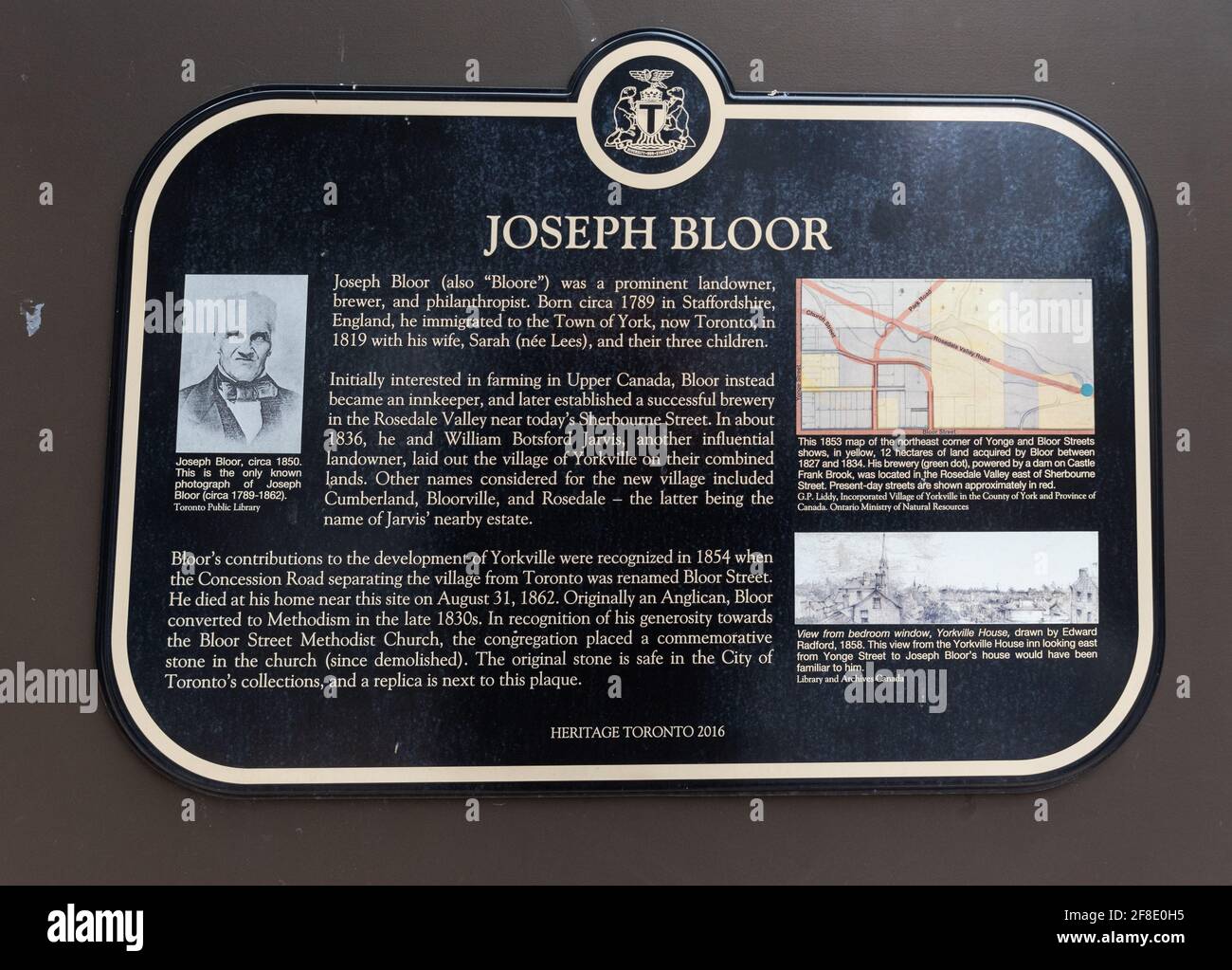 Gedenktafel zu Ehren von Joseph Bloor in der Bloor Street in Toronto, Kanada Stockfoto