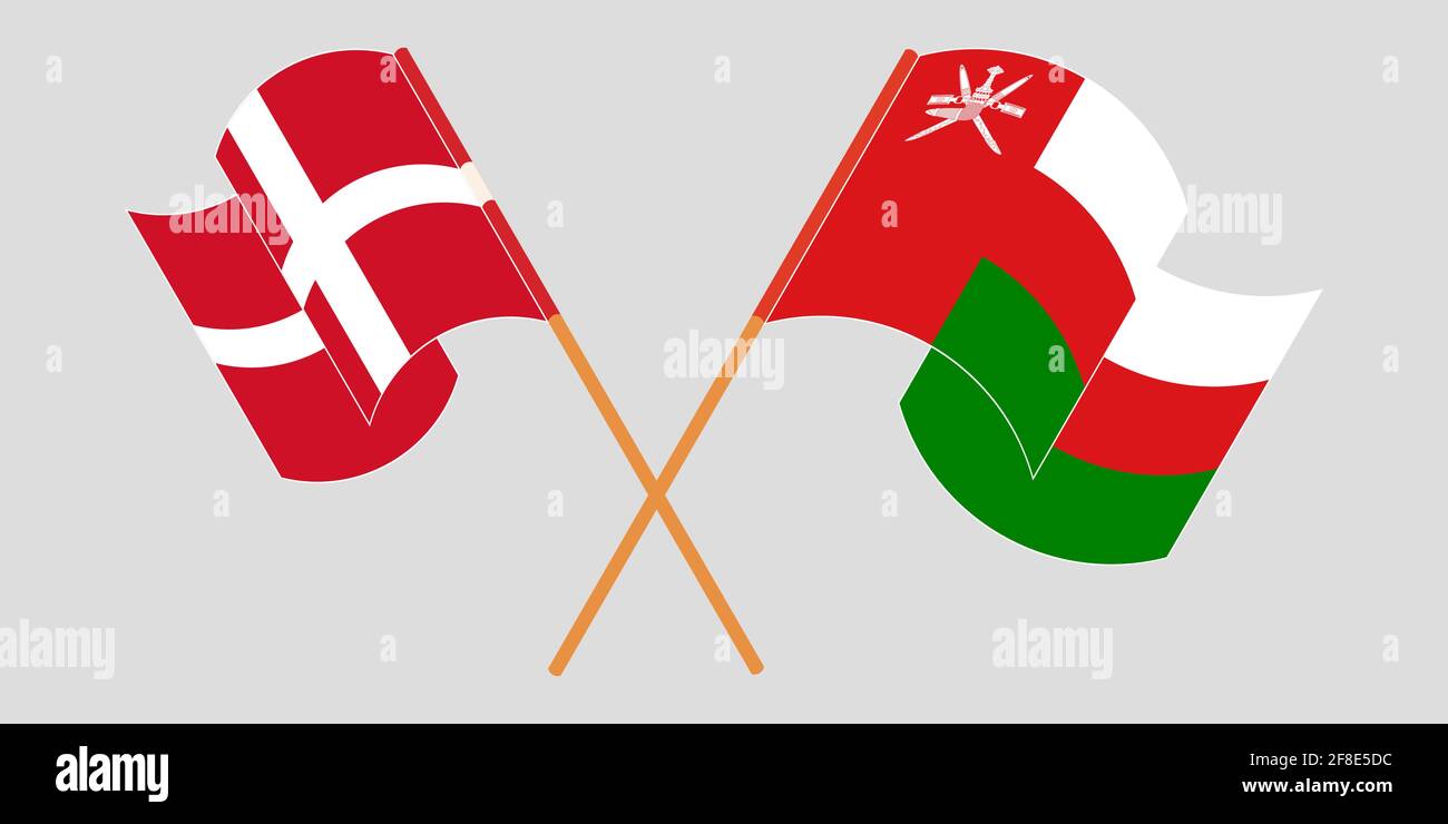 Gekreuzte Flaggen von Oman und Dänemark. Offizielle Farben. Korrektes Verhältnis. Vektorgrafik Stock Vektor