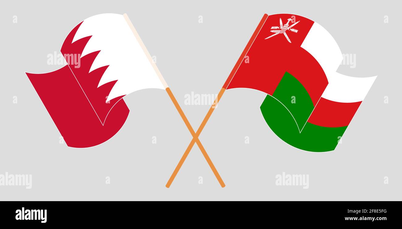 Gekreuzte und winkende Flaggen von Oman und Bahrain. Vektorgrafik Stock Vektor