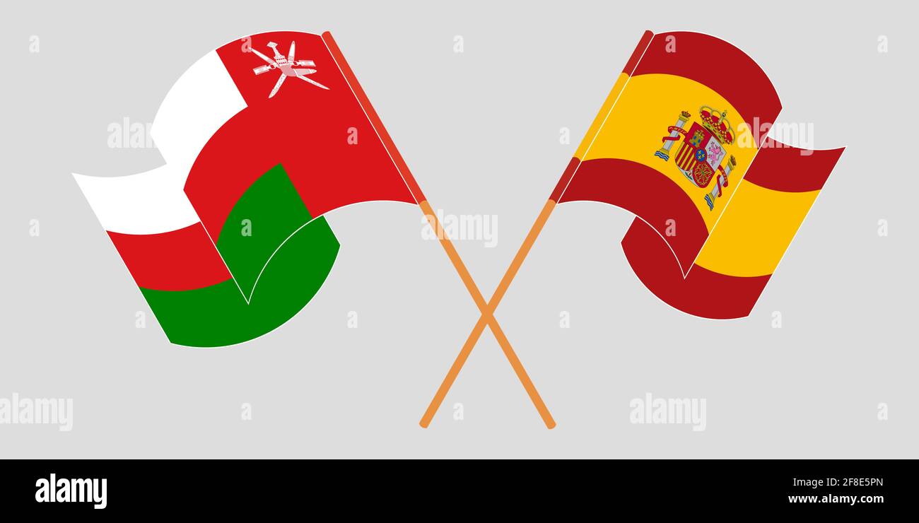 Gekreuzte und winkende Flaggen von Oman und Spanien. Vektorgrafik Stock Vektor