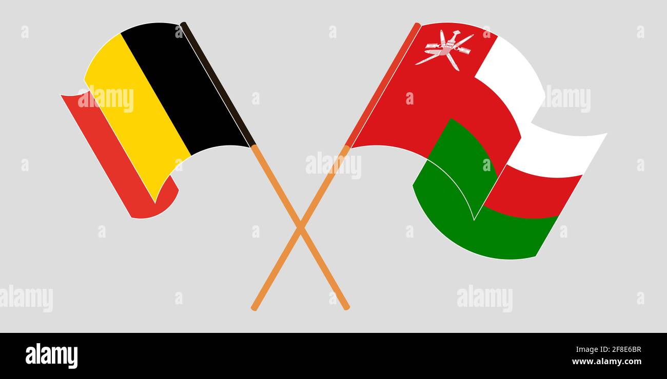 Gekreuzte Flaggen von Oman und Belgien. Offizielle Farben. Korrektes Verhältnis. Vektorgrafik Stock Vektor
