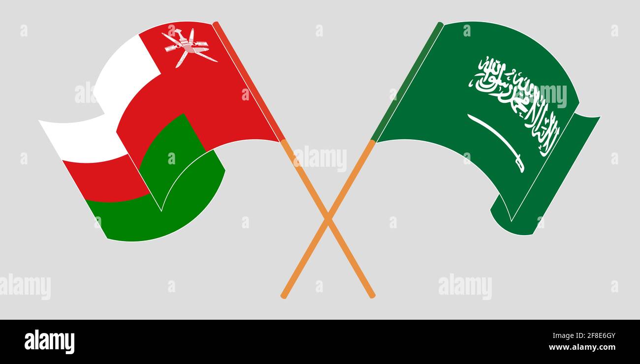 Gekreuzte und winkende Flaggen von Oman und dem Königreich Saudi-Arabien. Vektorgrafik Stock Vektor