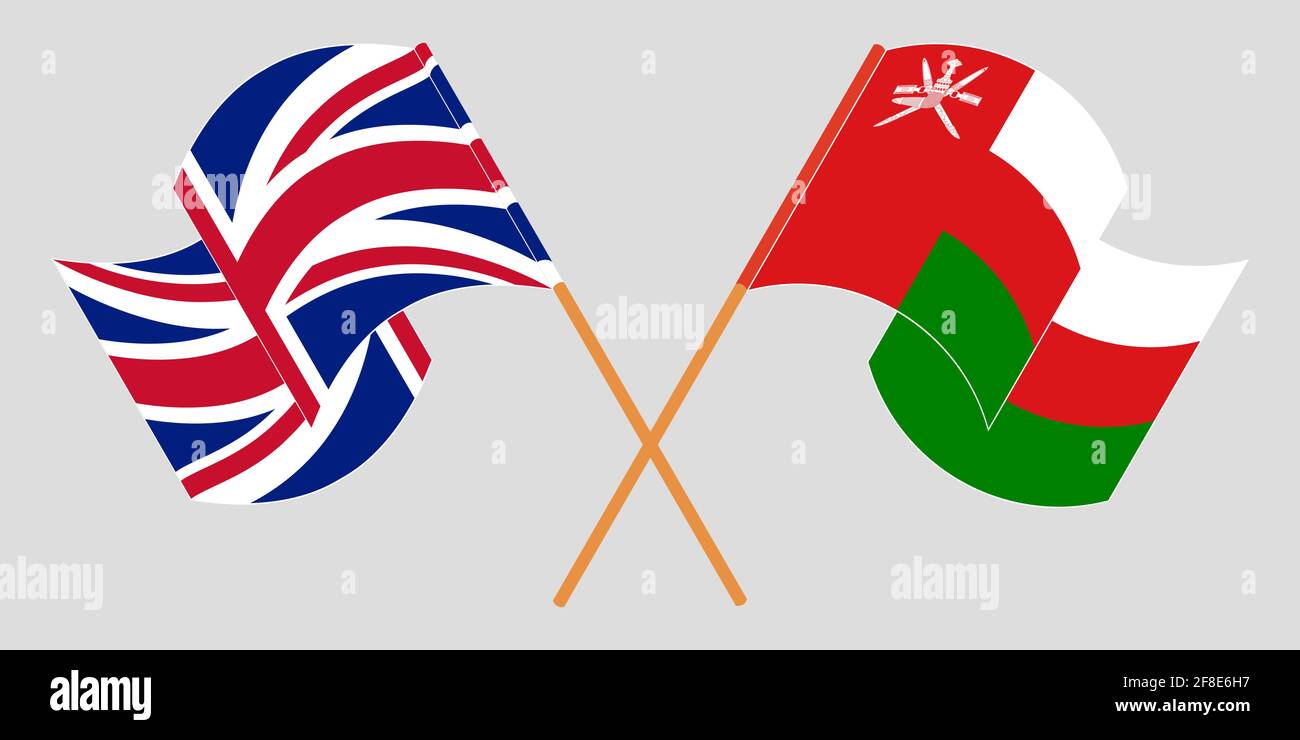 Gekreuzte Flaggen von Oman und Großbritannien. Offizielle Farben. Korrektes Verhältnis. Vektorgrafik Stock Vektor