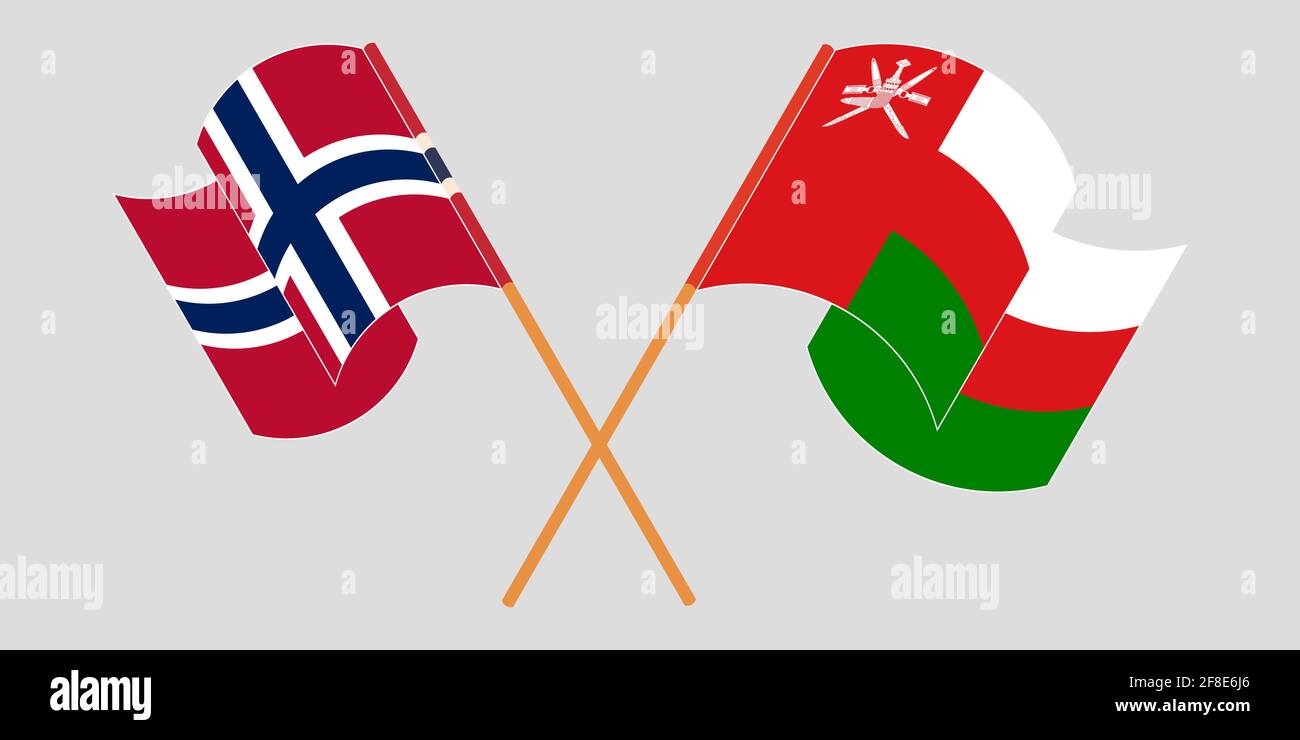 Gekreuzte und winkende Flaggen von Oman und Norwegen. Vektorgrafik Stock Vektor