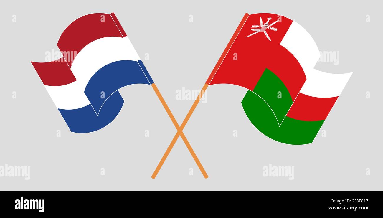 Gekreuzte und winkende Flaggen von Oman und den Niederlanden. Vektorgrafik Stock Vektor