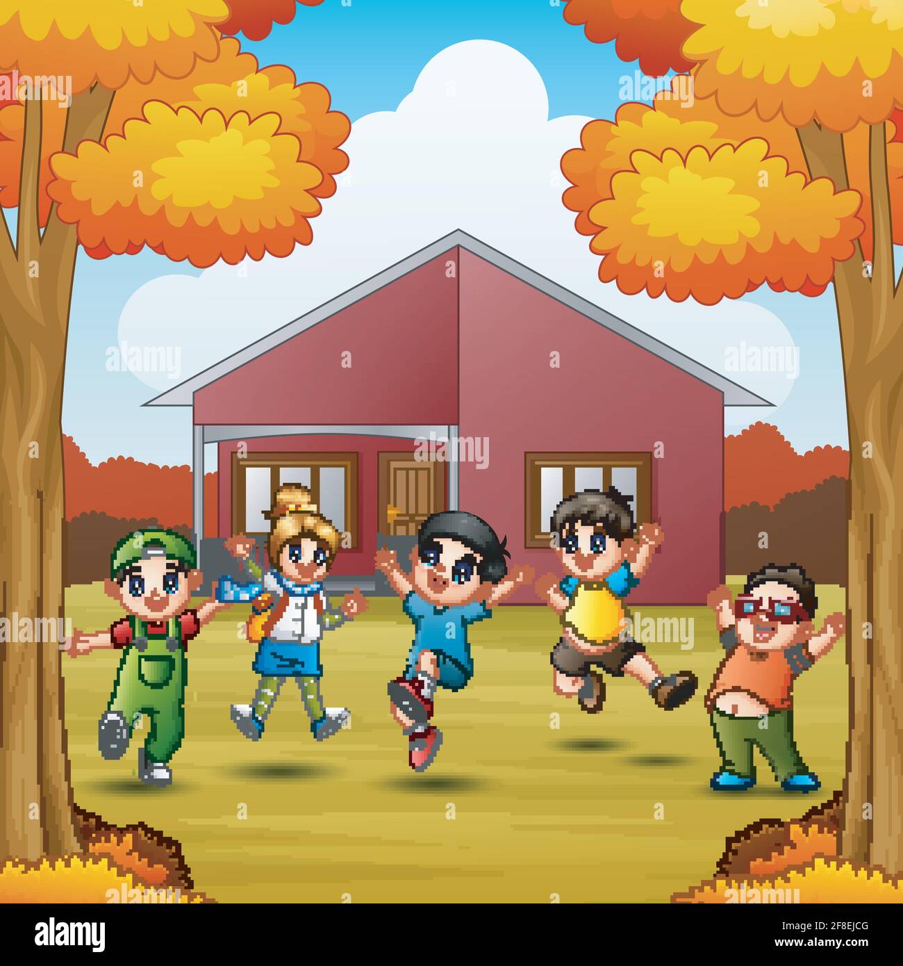Vektor-Illustration von Cartoon glückliche Kinder vor Haus bei Herbstsaison Stock Vektor