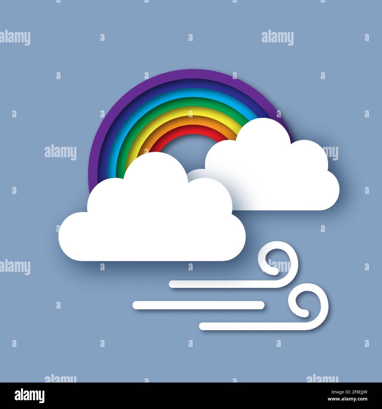 Farbe Regenbogen mit Wolken am Himmel. Sommerzeit. Wolkiger Himmel. Wind. Papierschnitt Wetter. Vektor Stock Vektor