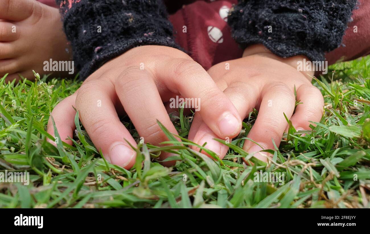 Kinder spielen mit Teddybär in einem Park. Körperteile von Kids scheint mit Spielzeug zu spielen. Kinder drücken oft Emotionen und Gedanken aus, während sie mit Witz spielen Stockfoto