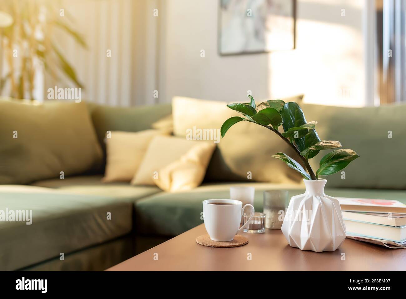 Entspannende Zeit in Komfort zu Hause mit Kerzen, Kaffeetasse, Bücher und Vase mit zamioculcas am Holztisch. Grünes Sofa mit gelben Kissen. Sonnenstrahlen. Stockfoto