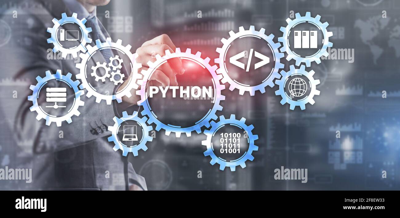 Python High Level Programmiersprache. Kommunikationstechnologie-Konzept. Stockfoto