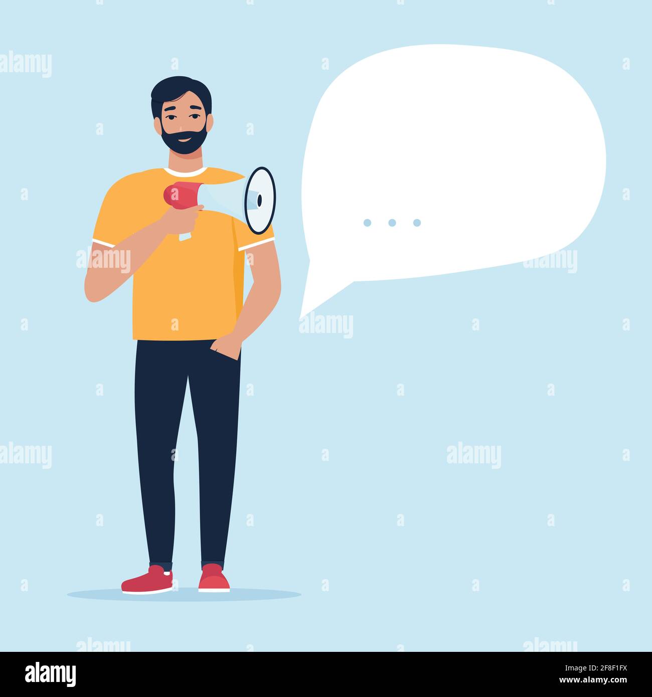 Mann mit Megaphon und Sprechblase des Dialogs. Vektorgrafik im flachen Stil Stock Vektor