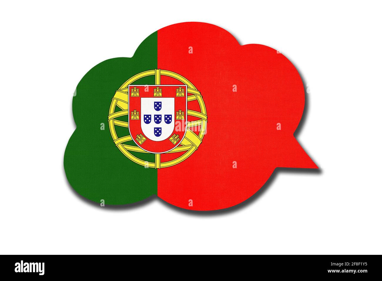 3d-Sprechblase mit isolierter portugiesischer Nationalflagge auf weißem Hintergrund. Spreche und lerne Portugiesisch. Symbol des Landes. Weltkommunikation Stockfoto