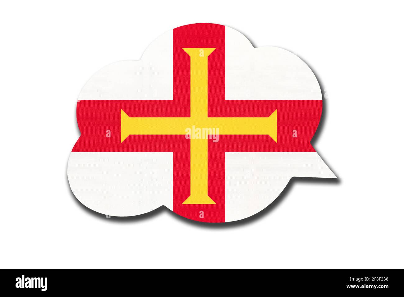 3d-Sprechblase mit der Nationalflagge der Bailiwick von Guernsey auf weißem Hintergrund. Symbol des Landes. Weltkommunikationszeichen. Stockfoto