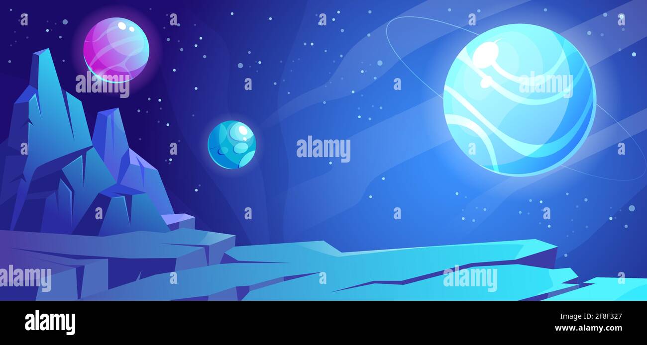Weltraumhintergrund mit Planetenlandschaft, Sternen, Satelliten und außerirdischen Planeten am Himmel. Vektor Cartoon Fantasy Illustration von Kosmos, geknackt Steinoberfläche und Berge Stock Vektor