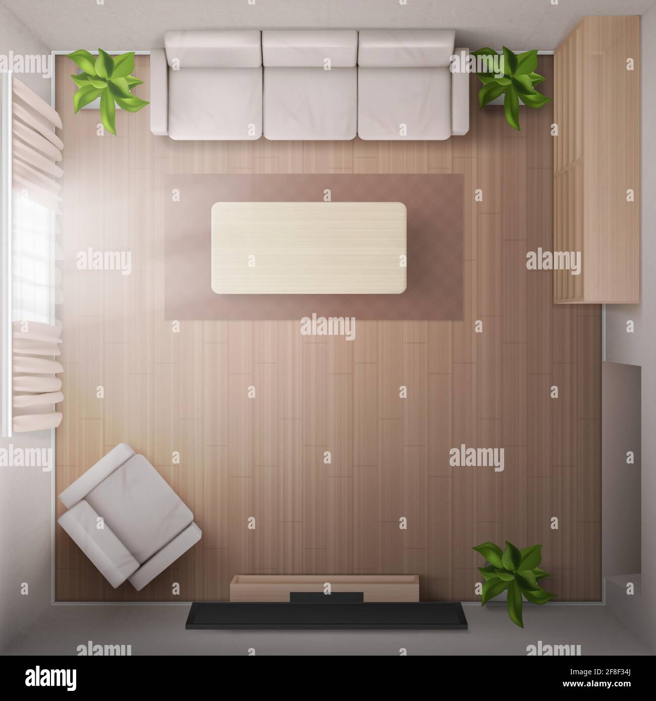 Wohnzimmer mit Blick von oben, Sofa, tv, Sessel und Couchtisch. Home Render mit Fernseher an der Wand, leeres Haus Wohnung mit Möbeln. Apartment-Design, realistische 3d-Vektor-Visualisierung Stock Vektor