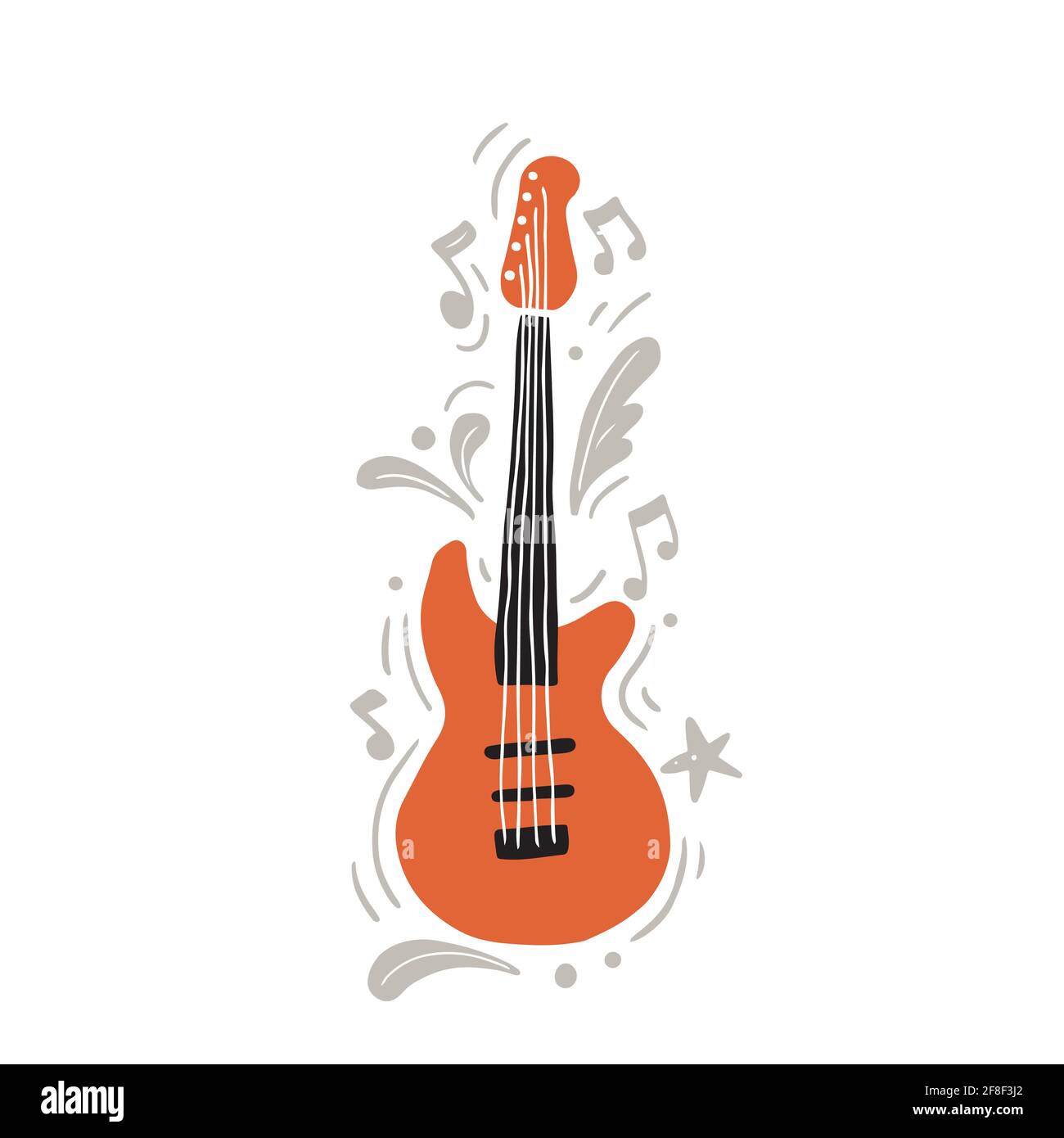 Vektor-Illustration auf orange und schwarz moderne E-Gitarre von Schwarz und orange Farbe von Hand gezeichnet mit minimalistischem flachen Stil Rockmusik inmitten grauer Ornamente und Noten Stock Vektor