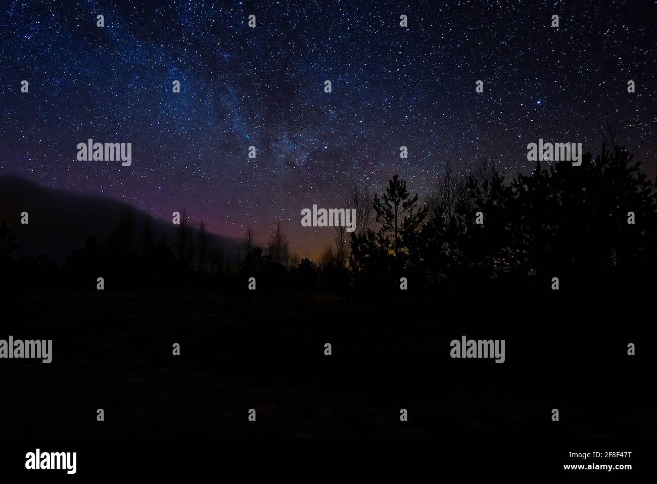 Wunderschöne Farben am Nachthimmel. Bunte Nachthimmel und Bäume. Nachtszene im Moor unter Sternenhimmel Stockfoto