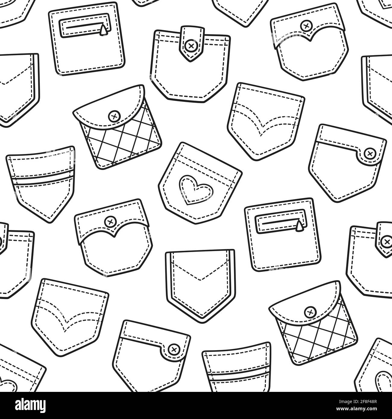 Nahtloses Muster mit handgezeichneten, aufgesetzten Denim-Taschen. Doodle-Vektor-Illustration Stock Vektor