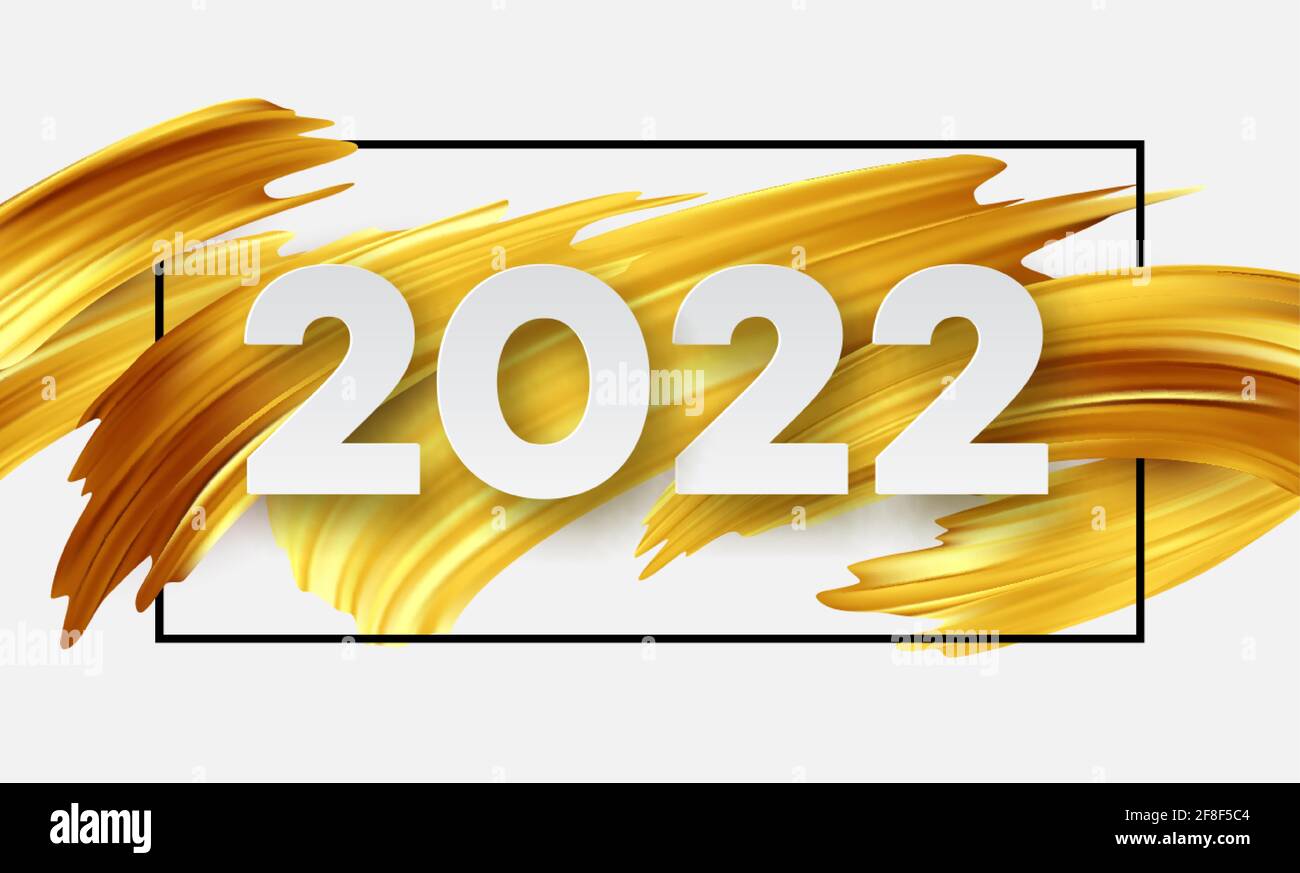 Kalenderkopf 2022 Zahl auf abstrakt goldene Farbe malen Pinsel Striche Hintergrund. Frohes neues Jahr 2022 goldener Hintergrund. Vektorgrafik Stock Vektor