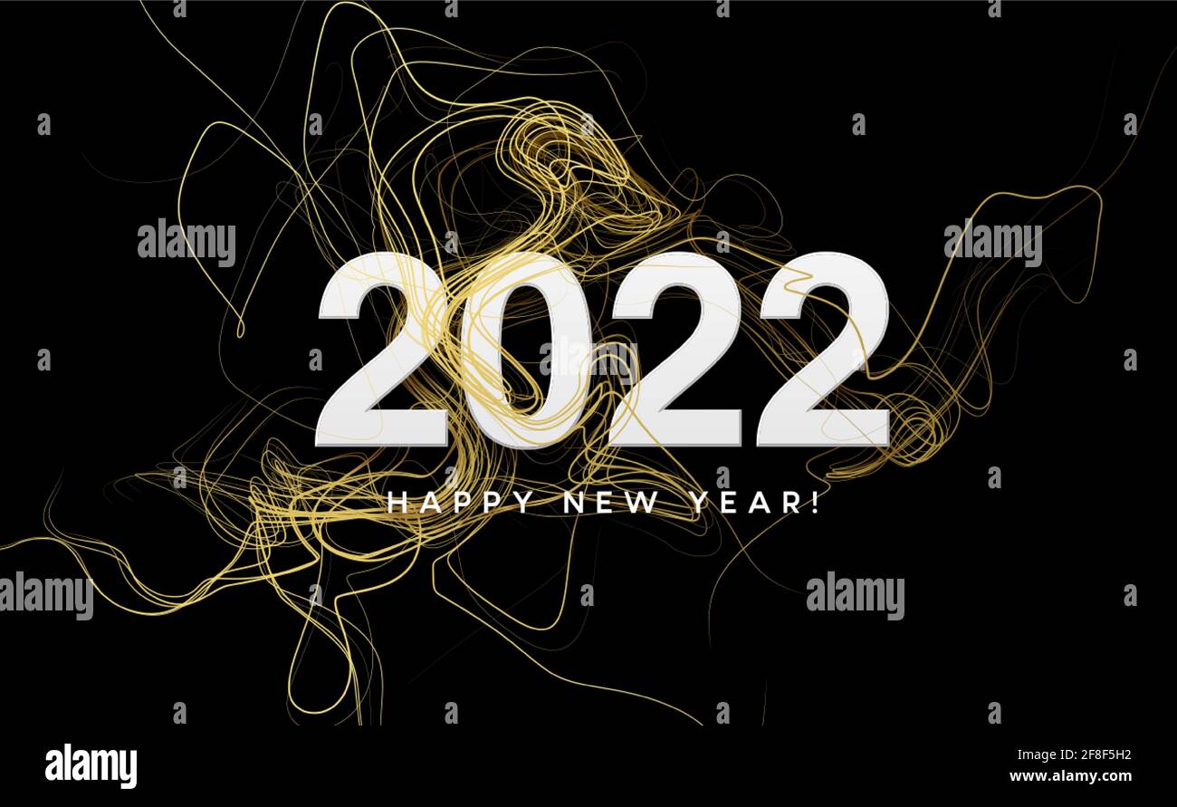 Kalenderkopf 2022 mit goldenen Wellen wirbeln mit goldenen Funkeln auf schwarzem Hintergrund. Frohes neues Jahr 2022 goldene Wellen Hintergrund. Vektor Stock Vektor