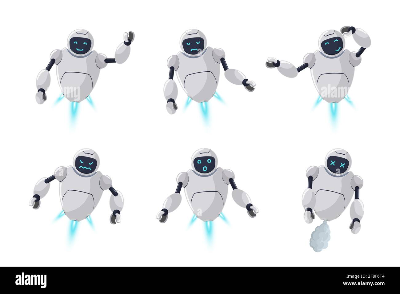Nette freundliche Roboter Charakter verschiedene Emotionen gesetzt. Futuristische Chatbot Maskottchen verschiedene Aktivitäten Posen. Online bot grüßt, lächeln, traurig, böse, überrascht, Denken und kaputt. Technische Karikatur eps Illustration Stock Vektor