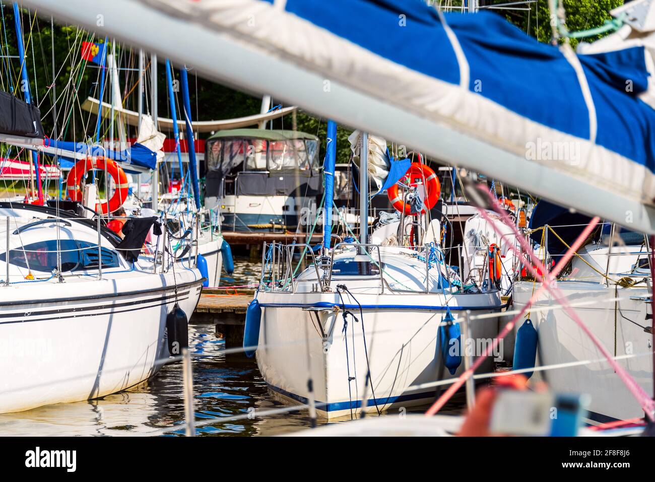 Yachten liegen in einem Hafen. Segelboote im Dock. Sommerferien, Kreuzfahrt, Erholung, Sport, Regatta, Freizeitaktivitäten, Service, Tourismus Stockfoto