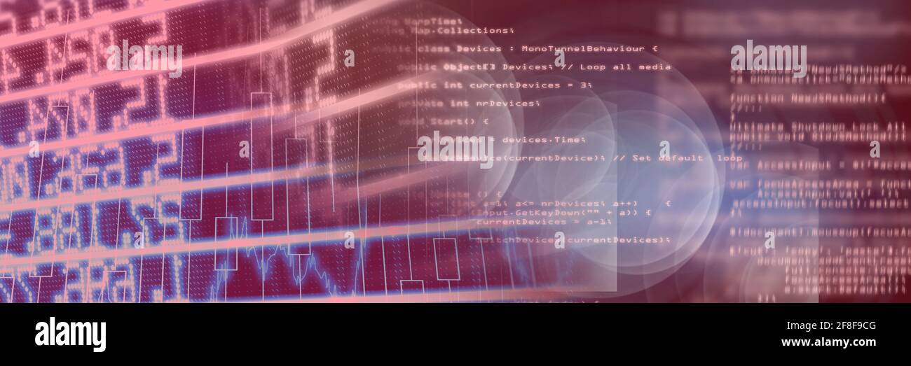 Finanzdaten und Computercode vor Gradientenhintergrund, Finanz- und Programmierkonzept Stockfoto