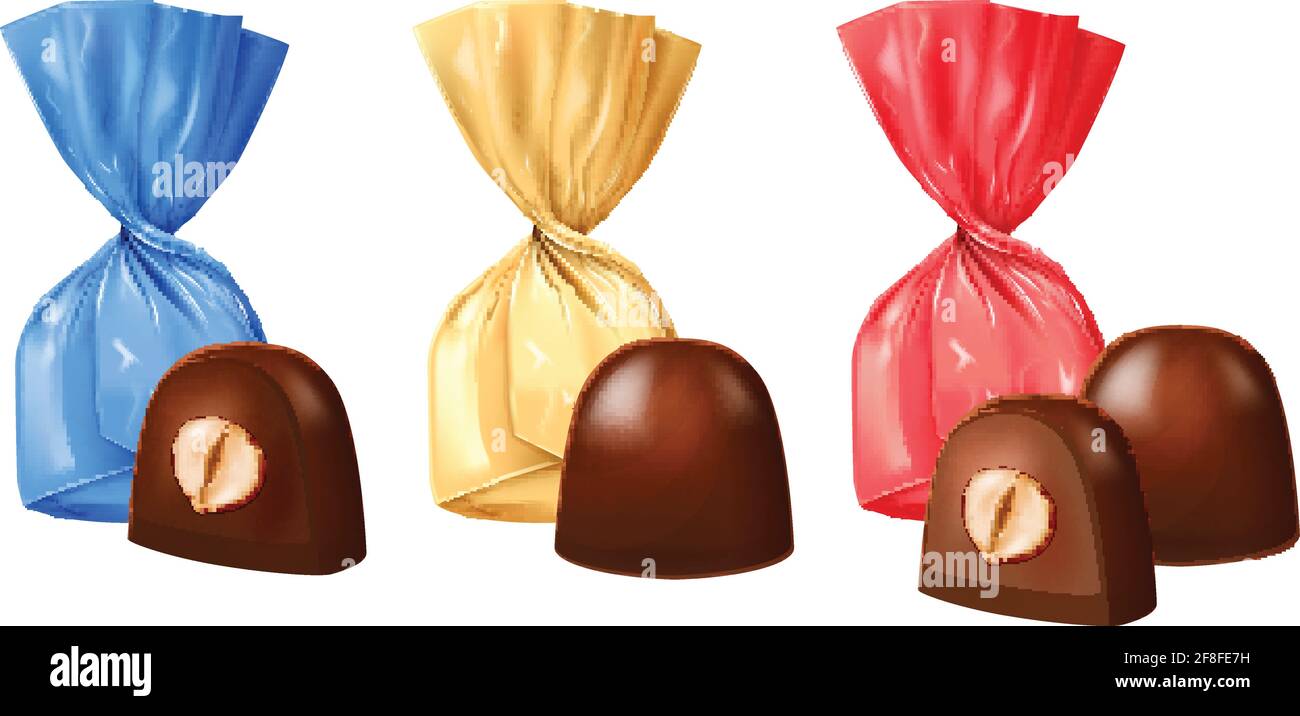 Set von Schokolade Bonbons mit Nuss Füllung isoliert auf weißem Hintergrund. Fotorealistische Vektordarstellung. Stock Vektor