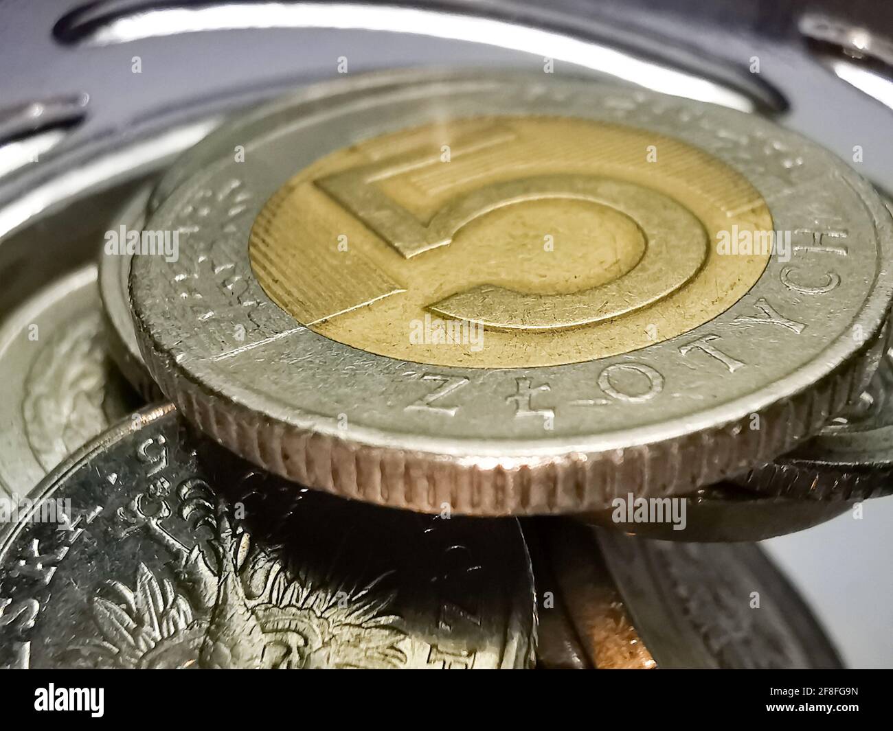 Nahaufnahme der Münzen Polnische Zloty PLN Stockfoto