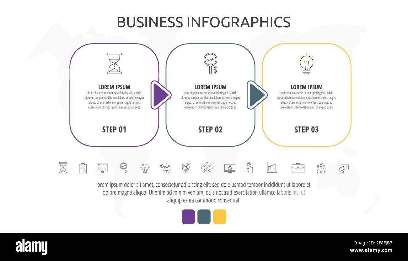 Linienkarten mit drei Schritten, Pfeilen. Rechteckige Infografik. Frames Timeline Datenvektorvorlage. Minimales Design für Diagramm, Geschäft, Web, Banner Stock Vektor