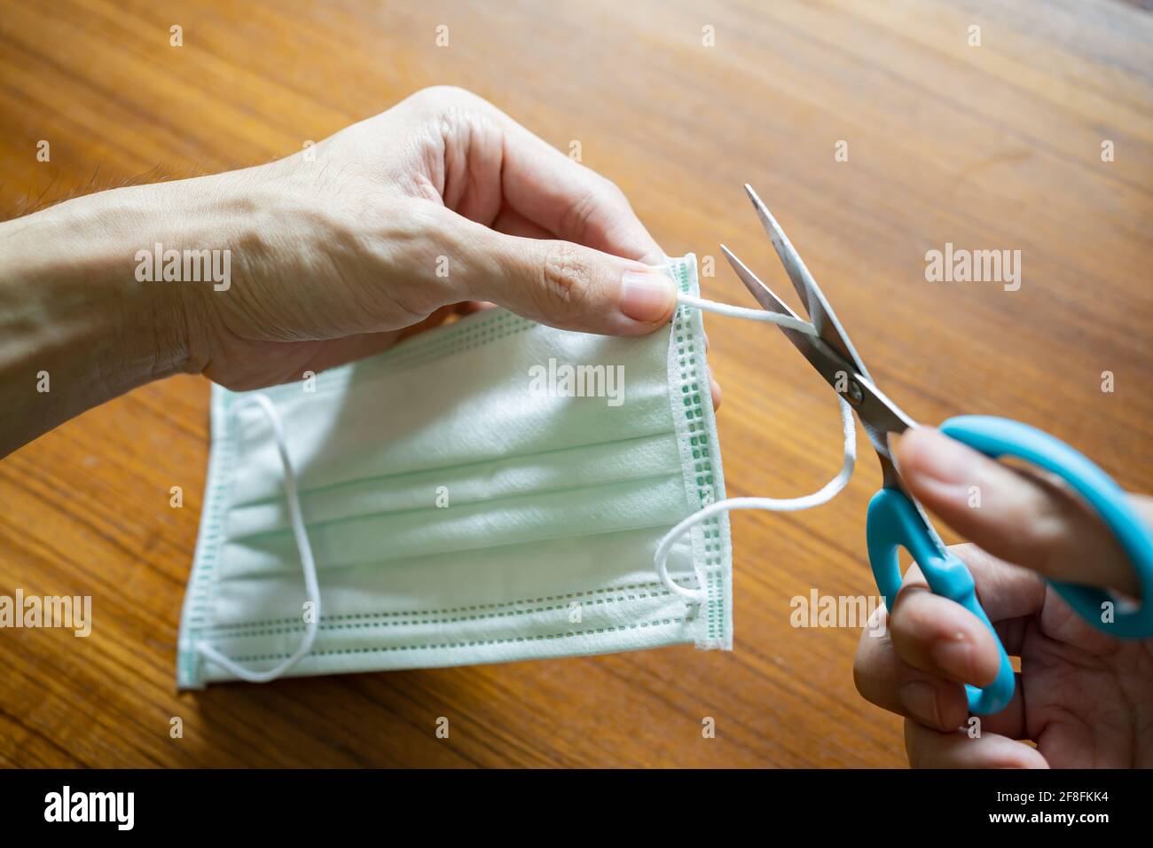 Schneiden Sie den Gesichtsmaskenriemen vor dem Wegwerfen ab, um zu verhindern, dass sich Tiere in Gesichtsmaskenriemen verwickeln. Stockfoto
