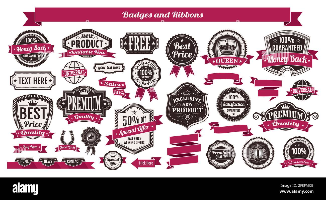 Set von Vintage-Abzeichen und Bändern isoliert auf weißem Hintergrund. Vektorgrafik Stock Vektor