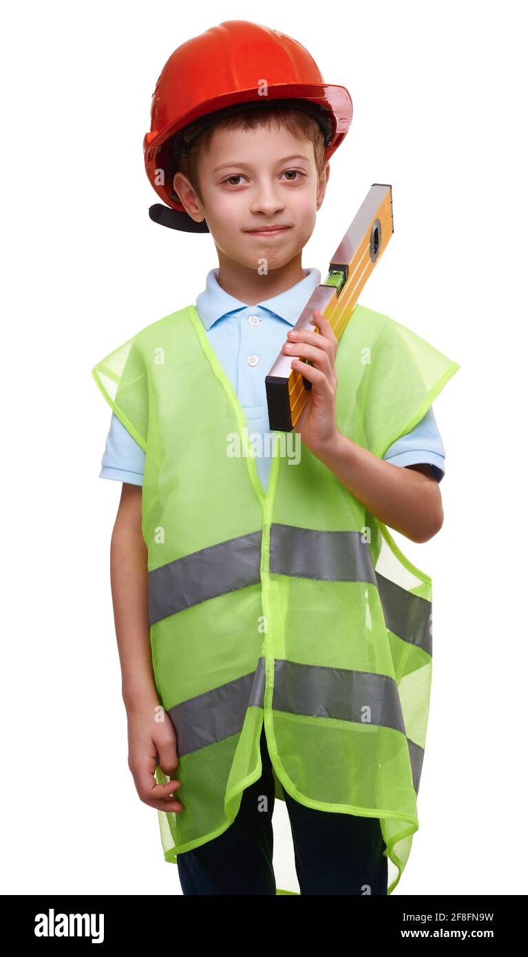 Kind Junge mit Konstruktion Ebene Weste und Helm isoliert auf weiß,  zukünftige Bauarbeiter Stockfotografie - Alamy