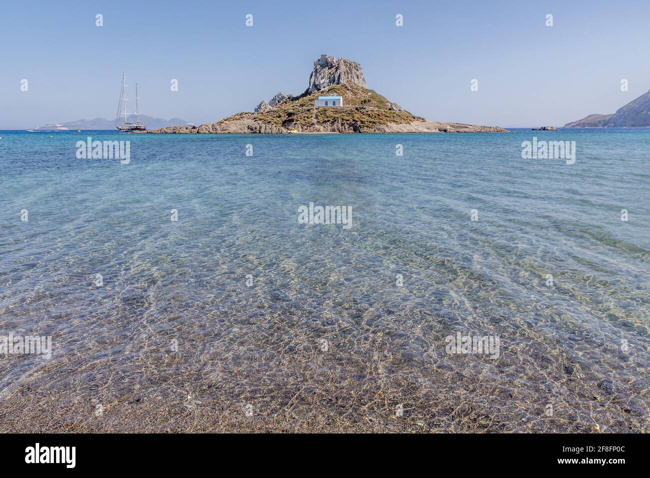Der Strand ok Agios Stefanos auf der Insel Kos, beherbergt einige der schönsten Strände und zahlreiche griechische und römische Ruinen. Eine der dodekanischen Inseln, Griechenland, südliche Ägäis. Stockfoto