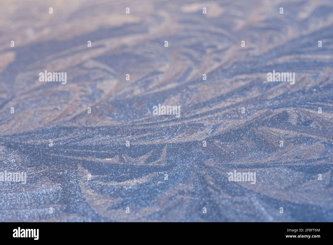 Federartige Eiskristalle über einer Metalloberfläche. Blau. Stockfoto