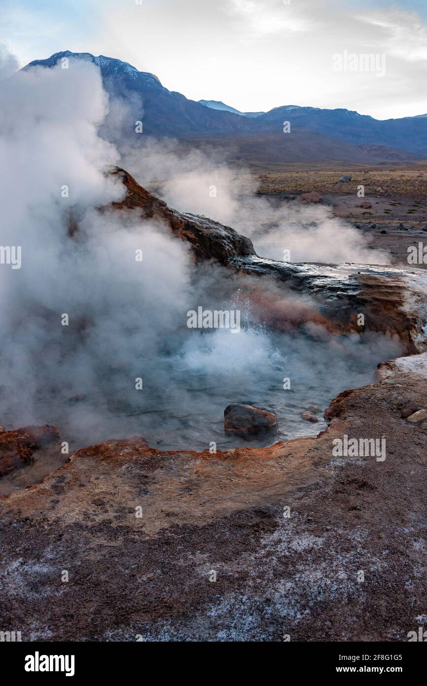 Morgendämmerung an den Geysire und geothermischen Dampfdüsen der Das Geysir-Feld El Tatio liegt auf 4500 m im Atacama Wüste in Nordchile - aufgrund der al Stockfoto