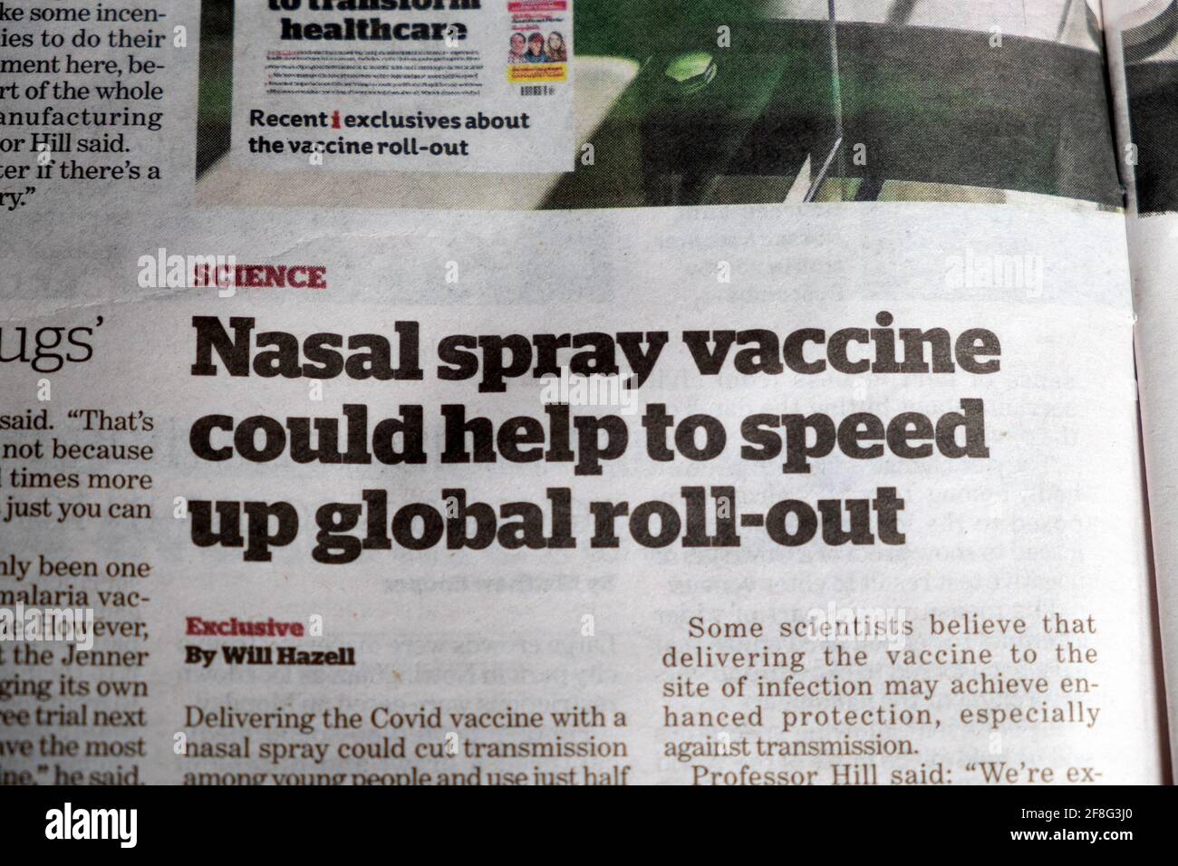„Nasenspray-Impfstoff könnte zur Beschleunigung der globalen Einführung beitragen“ inews-Wissenschaftsartikel in der i-Zeitung April 2021 London England VEREINIGTES KÖNIGREICH Stockfoto
